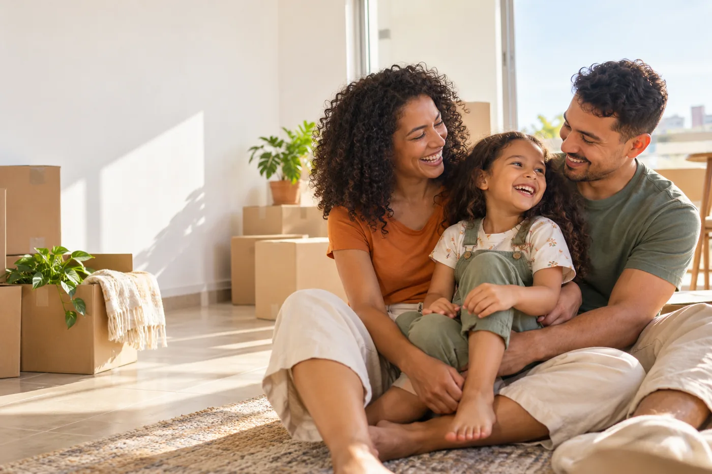 Família brasileira feliz em seu novo apartamento